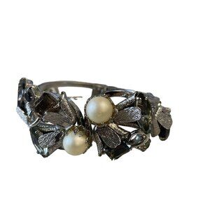 Vintage Silver-Tone Bracelet with Faux Pearls & Smoky Quartz Crystals Statement